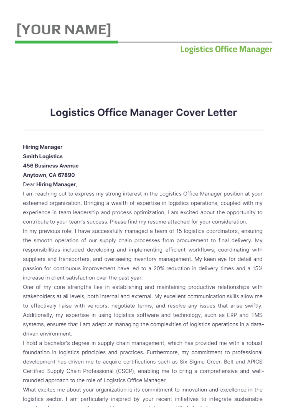 Logistics Office Manager Cover Letter