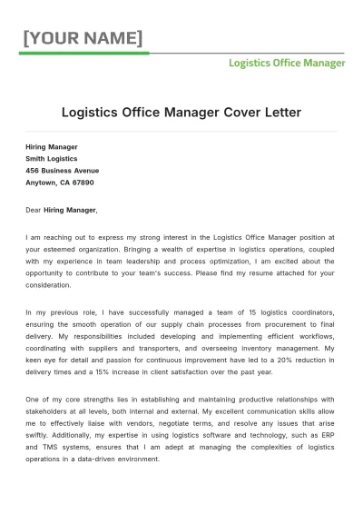 Free Logistics Office Manager Cover Letter to Edit Online