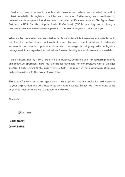 Free Logistics Office Manager Cover Letter to Edit Online