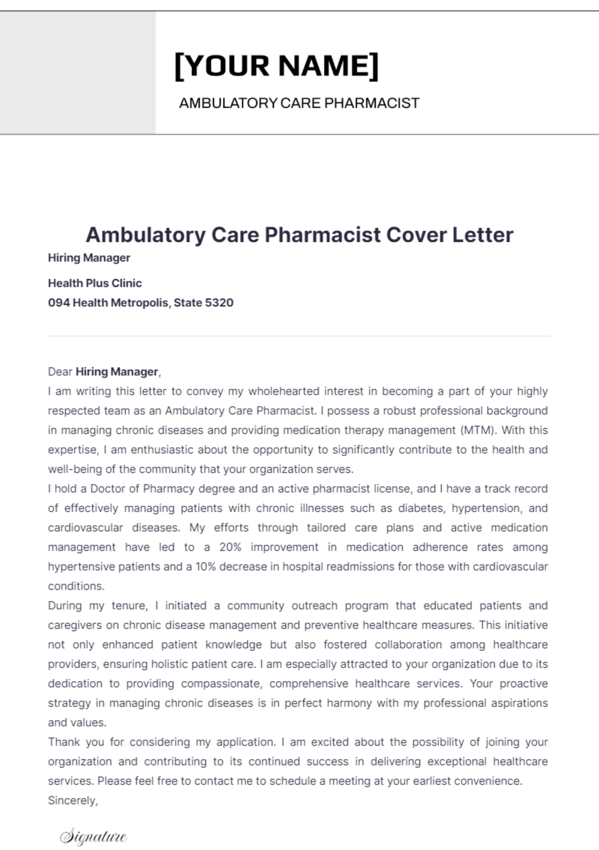 ambulatory care pharmacist cover letter