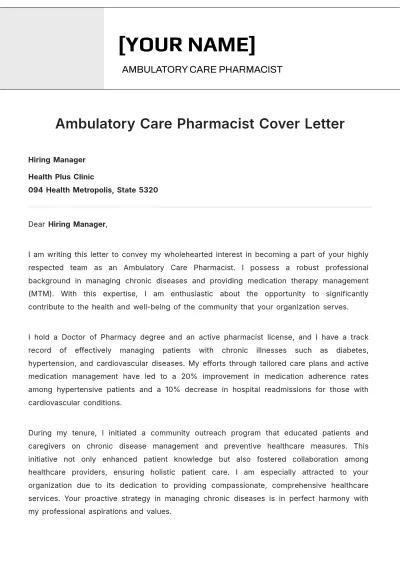 Free Ambulatory Care Pharmacist Cover Letter to Edit Online