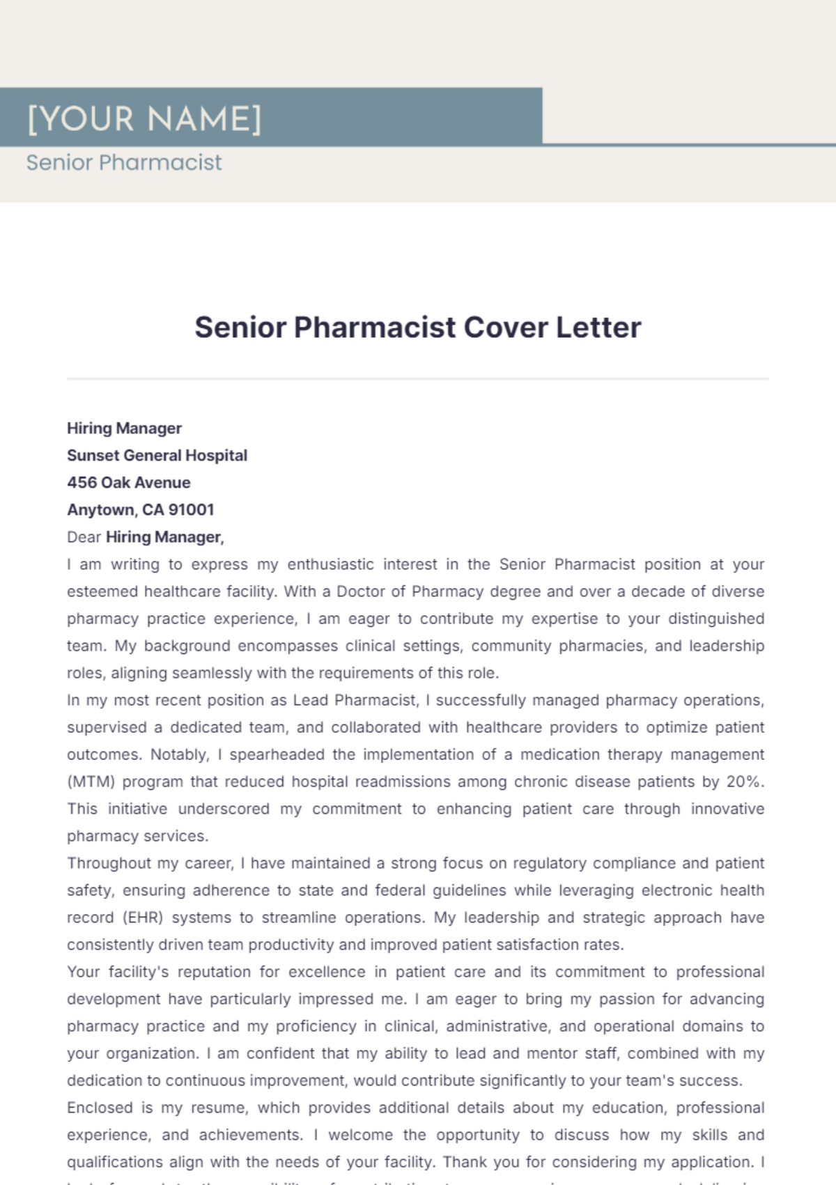 Senior Pharmacist Cover Letter