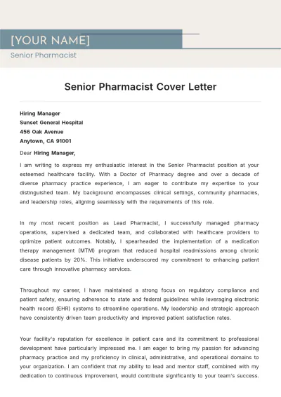 Free Senior Pharmacist Cover Letter to Edit Online