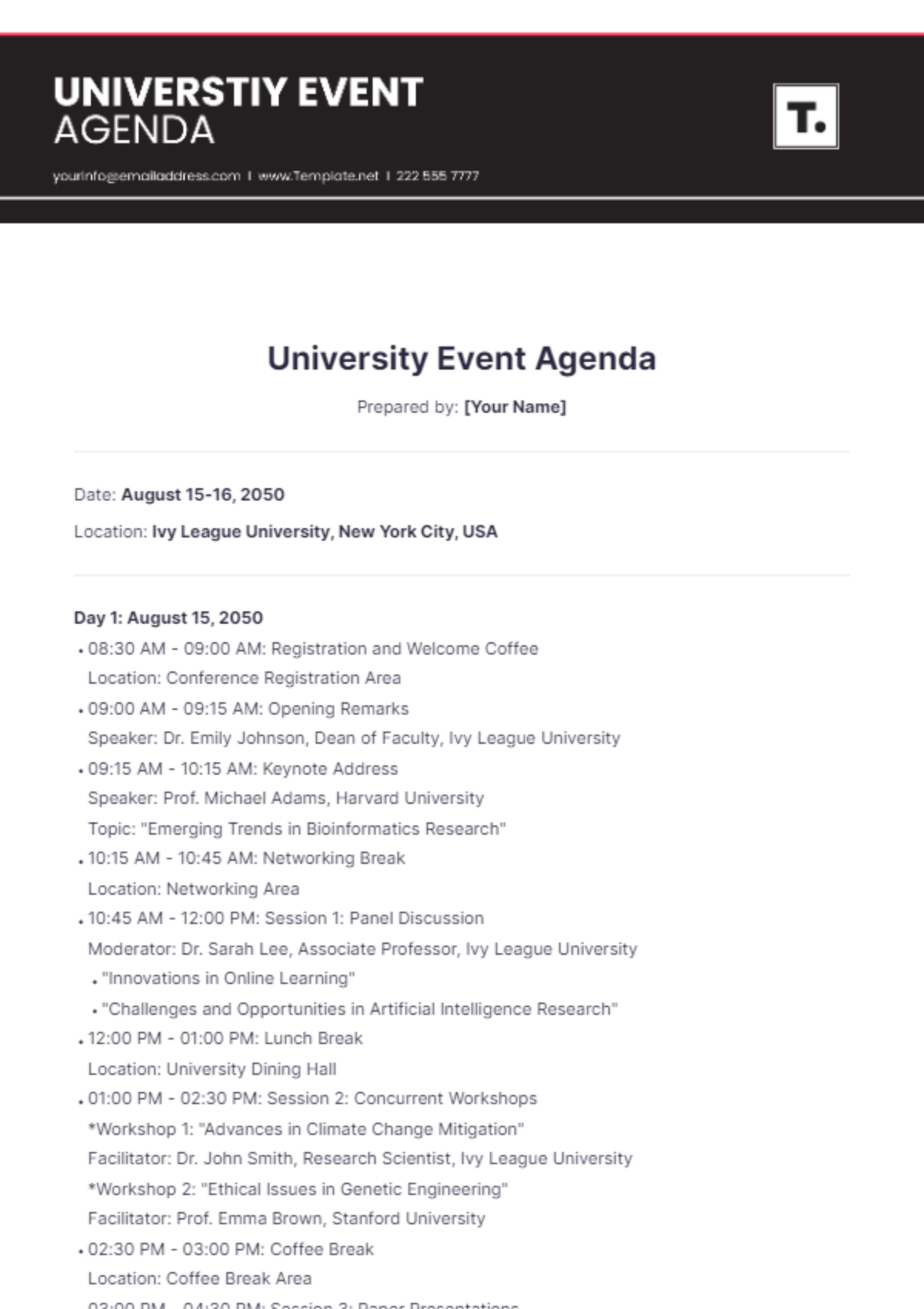 University Event Agenda Template - Edit Online & Download