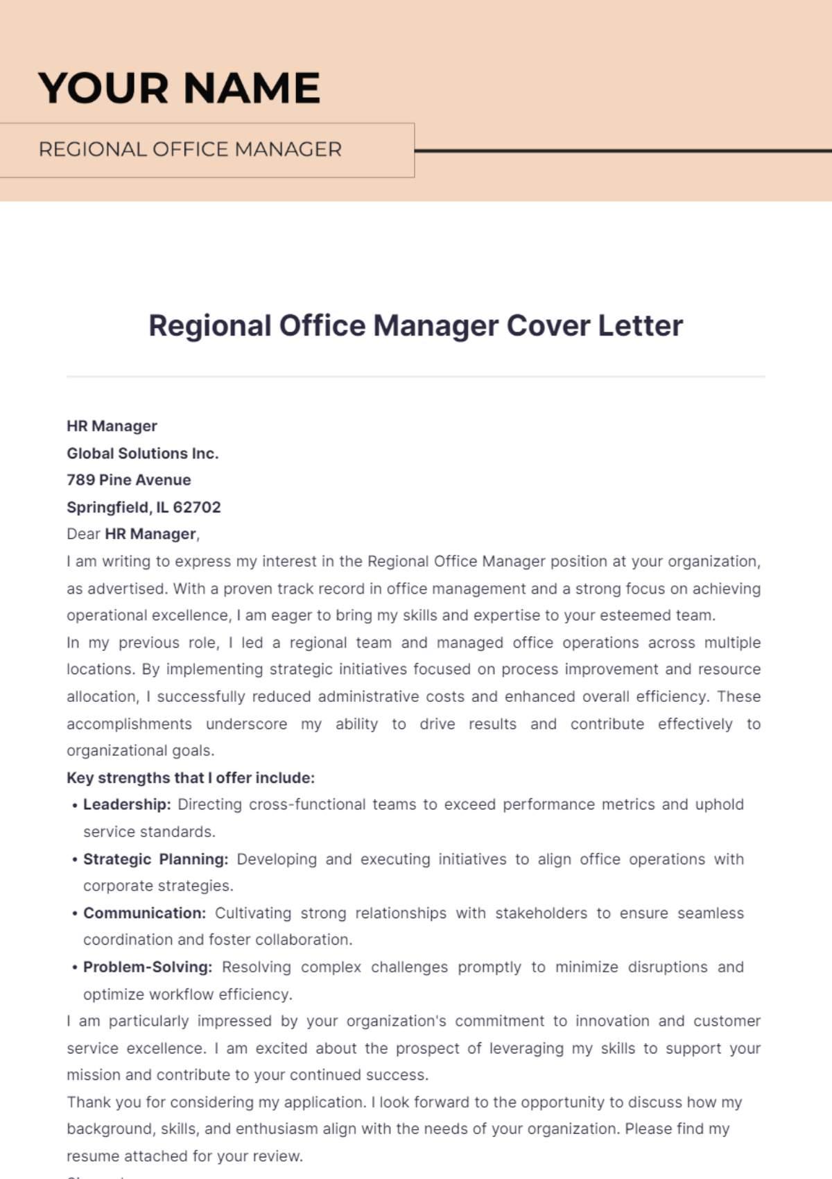 Regional Office Manager Cover Letter