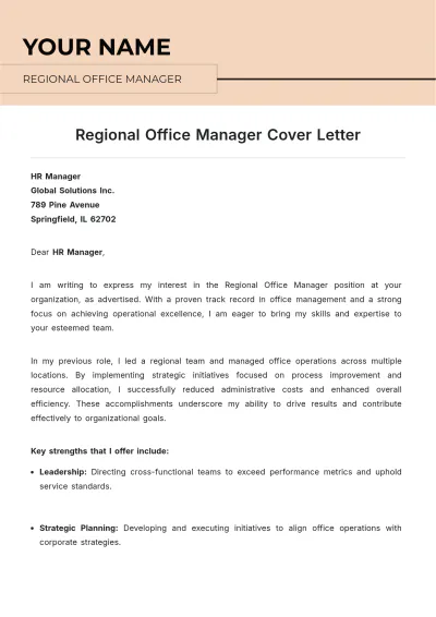 Free Regional Office Manager Cover Letter to Edit Online