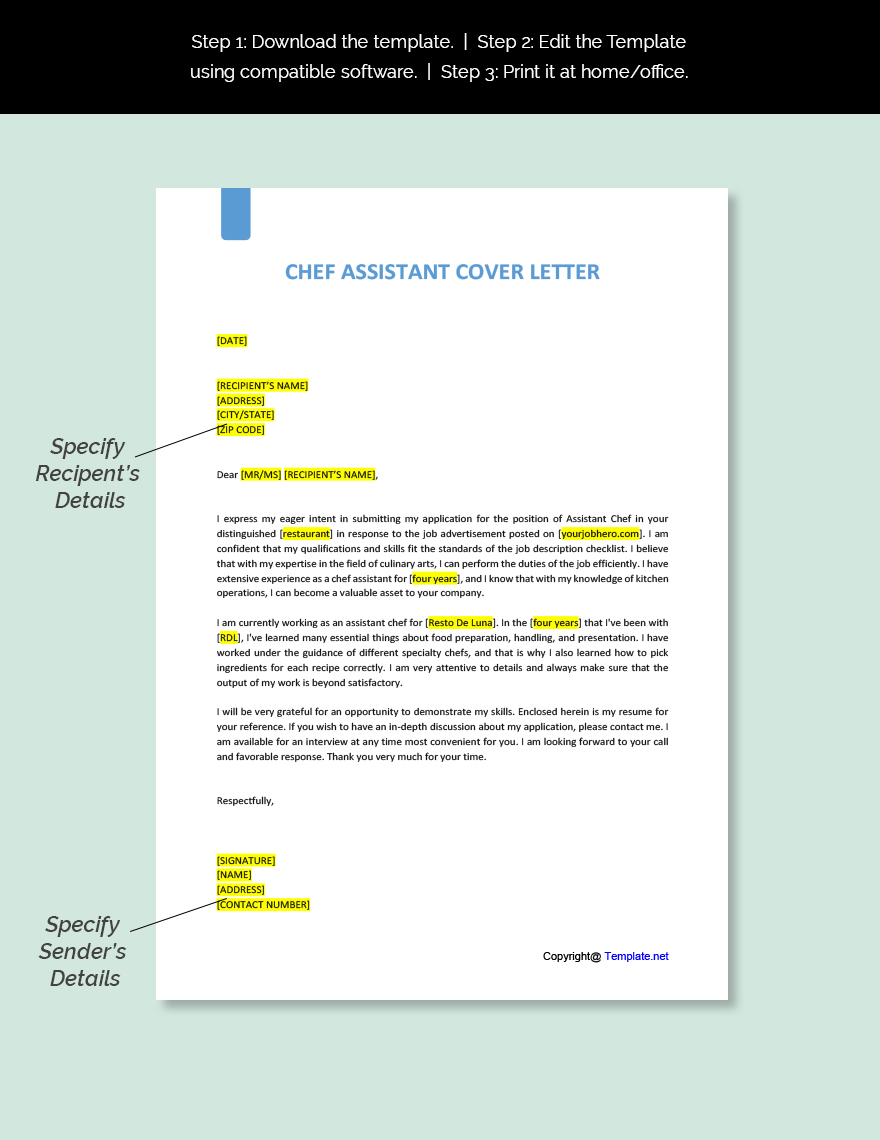 Chef Assistant Cover Letter Template