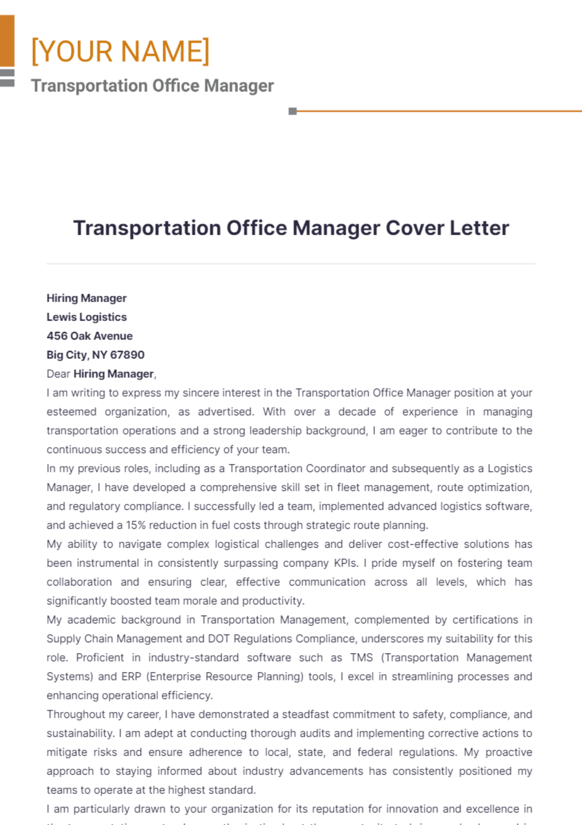 Transportation Office Manager Cover Letter - Edit Online & Download