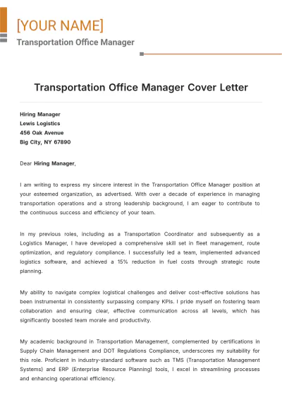 Free Transportation Office Manager Cover Letter to Edit Online