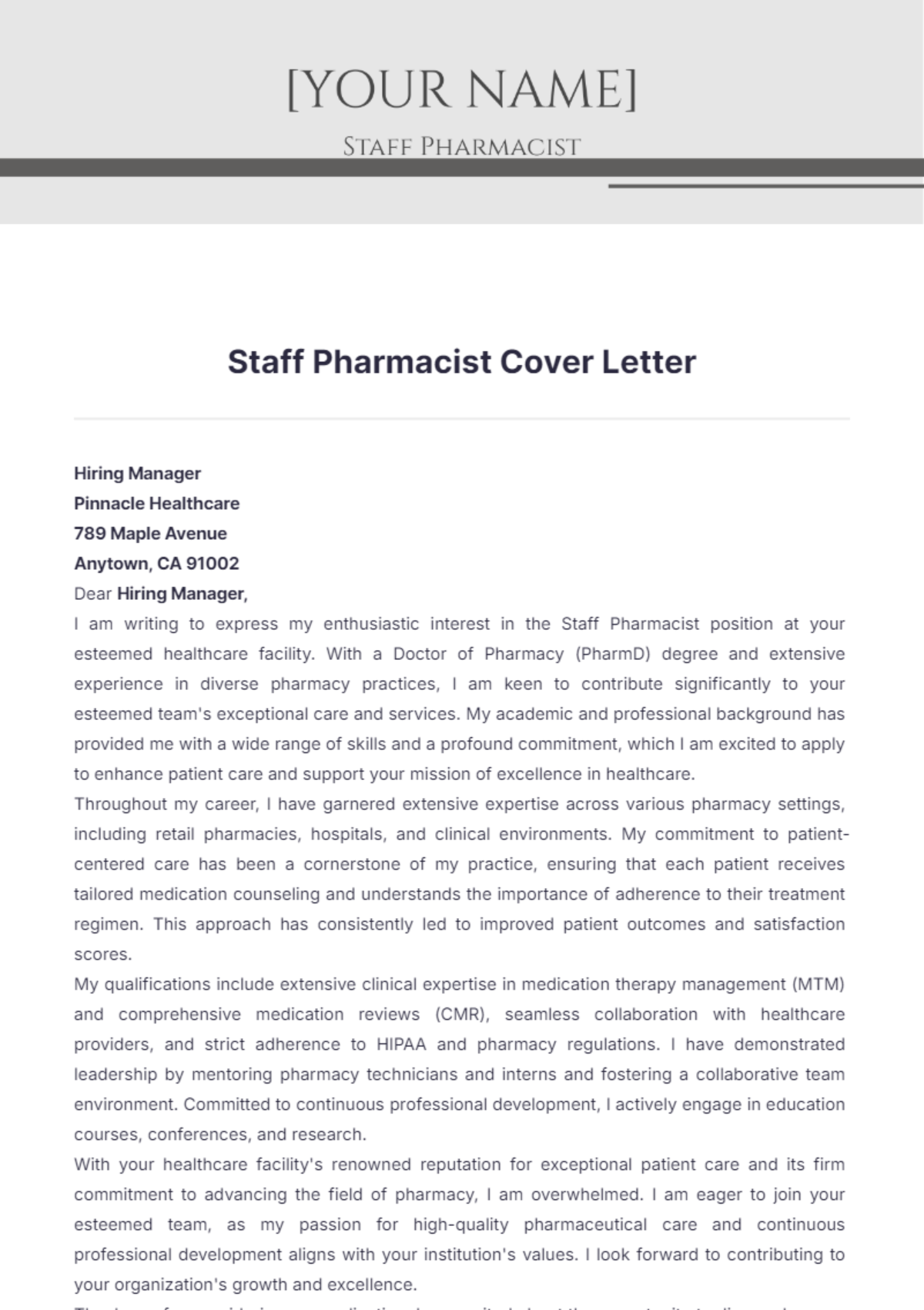 Staff Pharmacist Cover Letter - Edit Online & Download