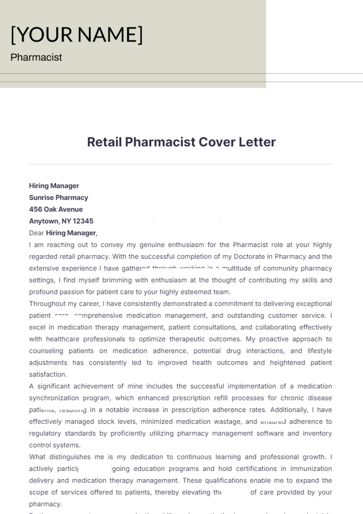 Retail Pharmacist Cover Letter - Edit Online & Download