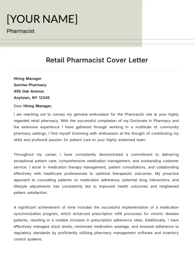 Free Retail Pharmacist Cover Letter to Edit Online