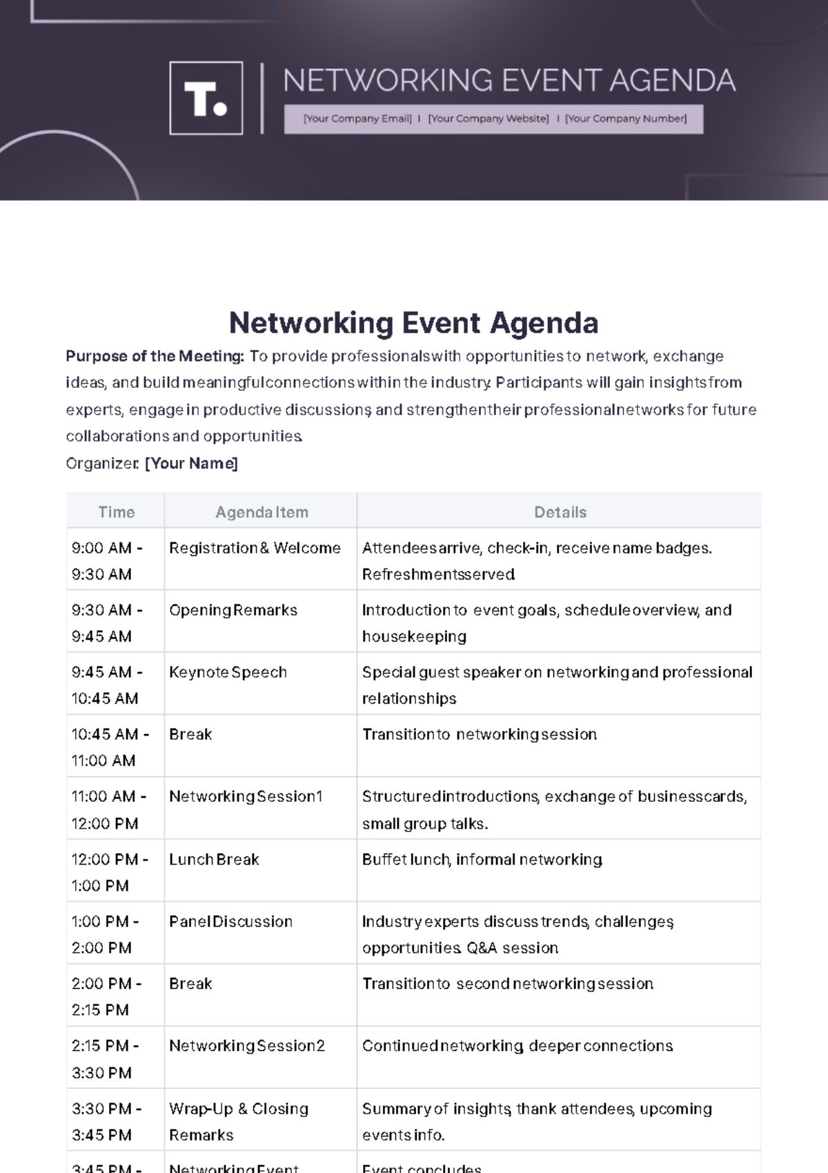 Networking Event Agenda Template - Edit Online & Download