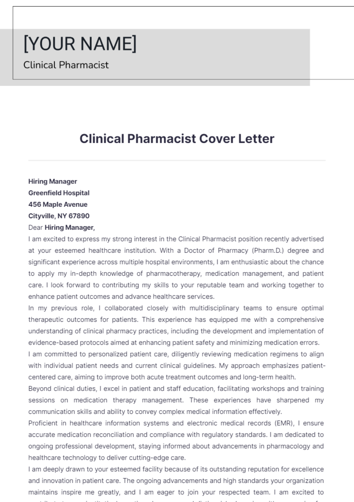 Clinical Pharmacist Cover Letter - Edit Online & Download