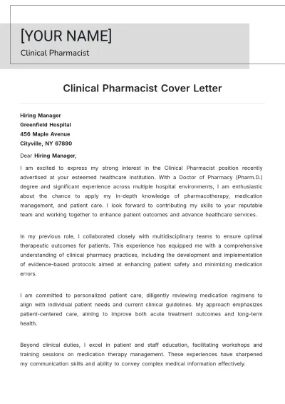 Free Clinical Pharmacist Cover Letter to Edit Online