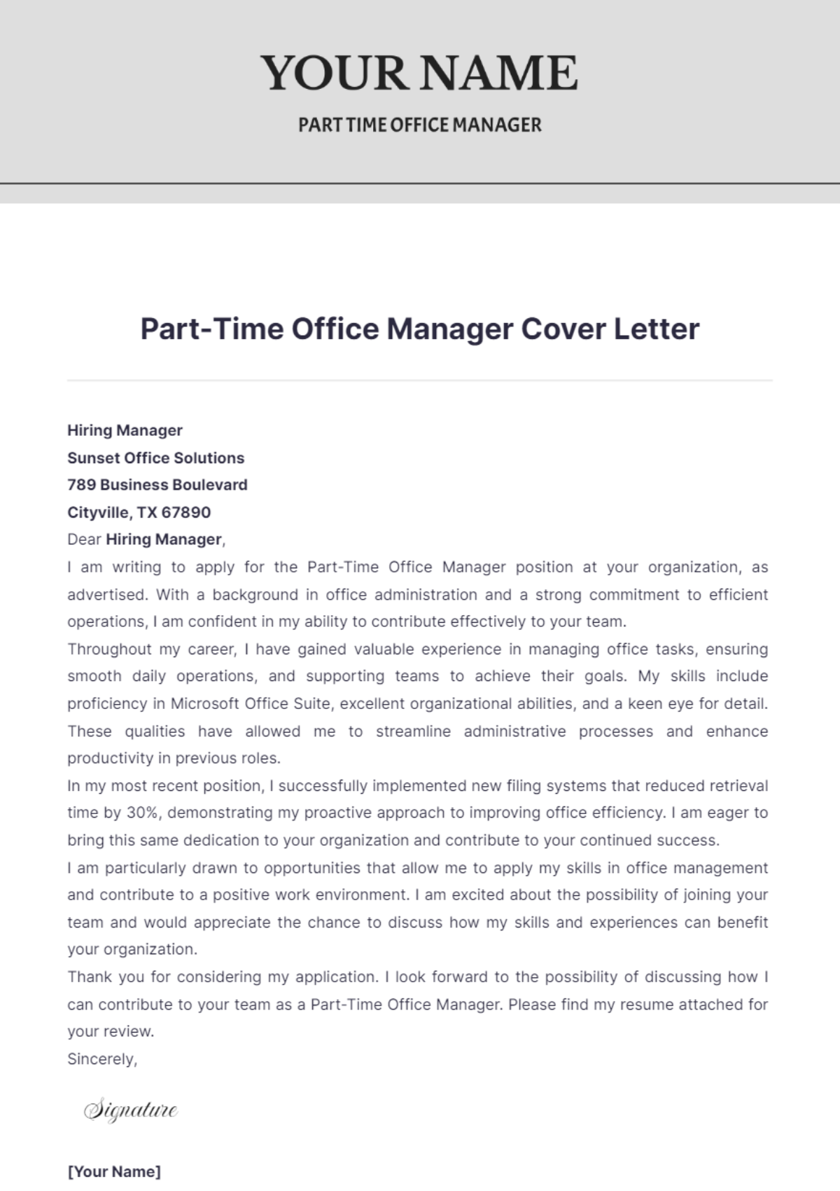 Part-Time Office Manager Cover Letter