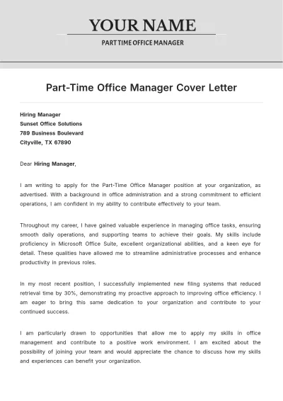 Free Part-Time Office Manager Cover Letter to Edit Online