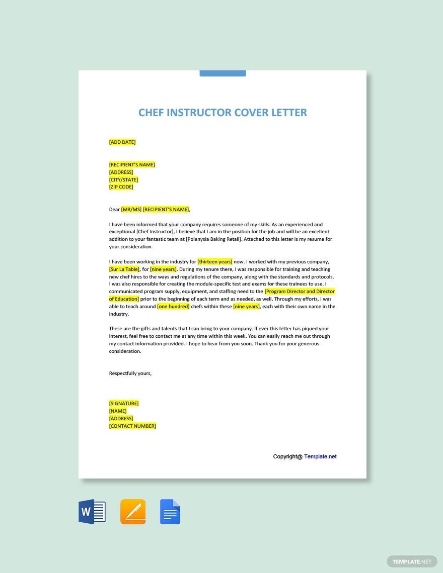 Chef Instructor Cover Letter Template