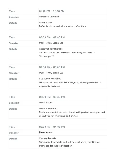 Free Product Launch Event Agenda Template to Edit Online