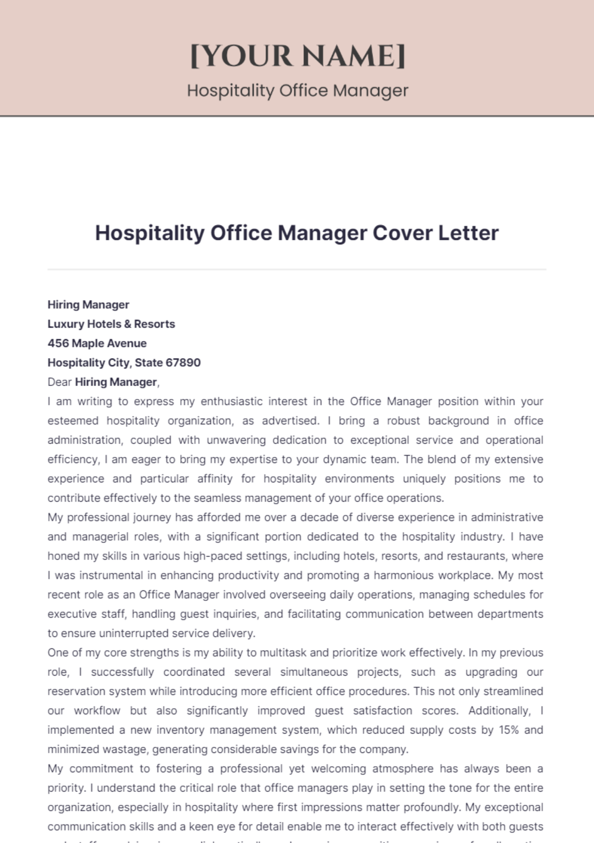 Hospitality Office Manager Cover Letter