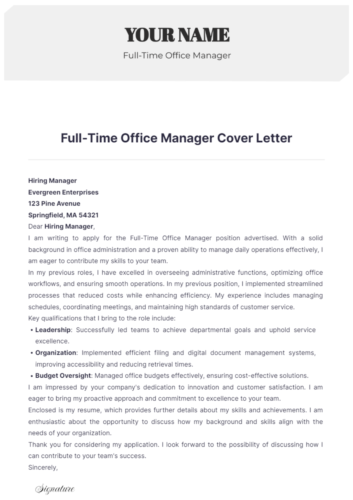 Full-Time Office Manager Cover Letter