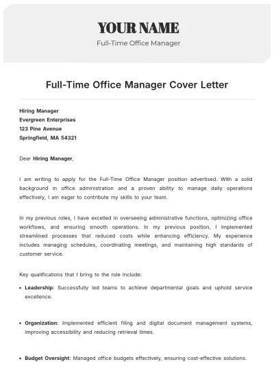 Free Full-Time Office Manager Cover Letter to Edit Online