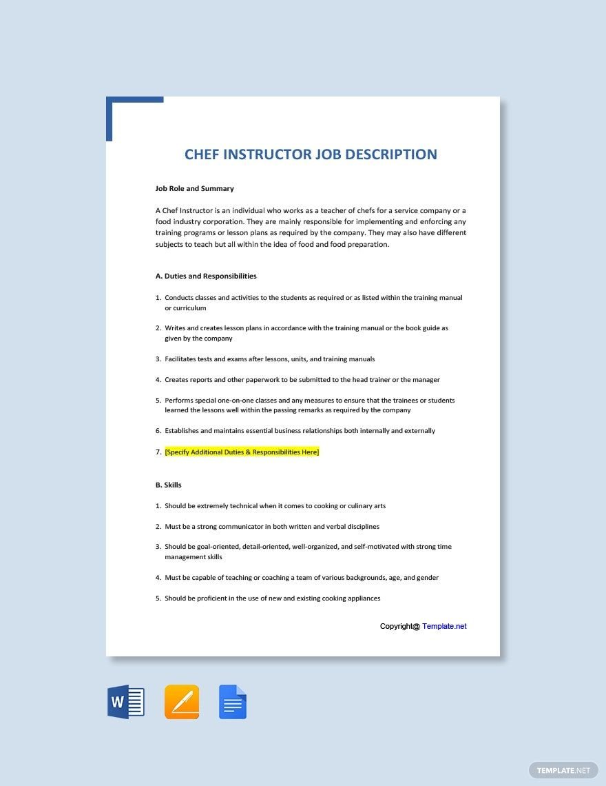 Free Chef Instructor Job Ad and Description Template