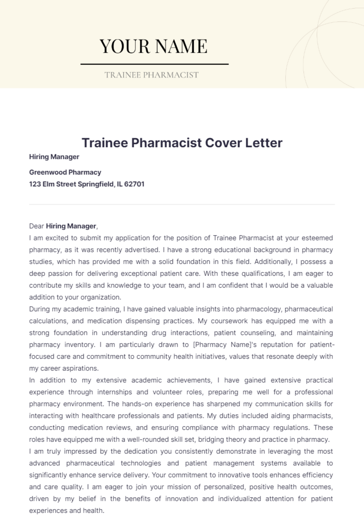 Trainee Pharmacist Cover Letter