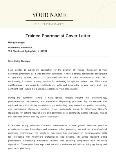 Free Trainee Pharmacist Cover Letter to Edit Online