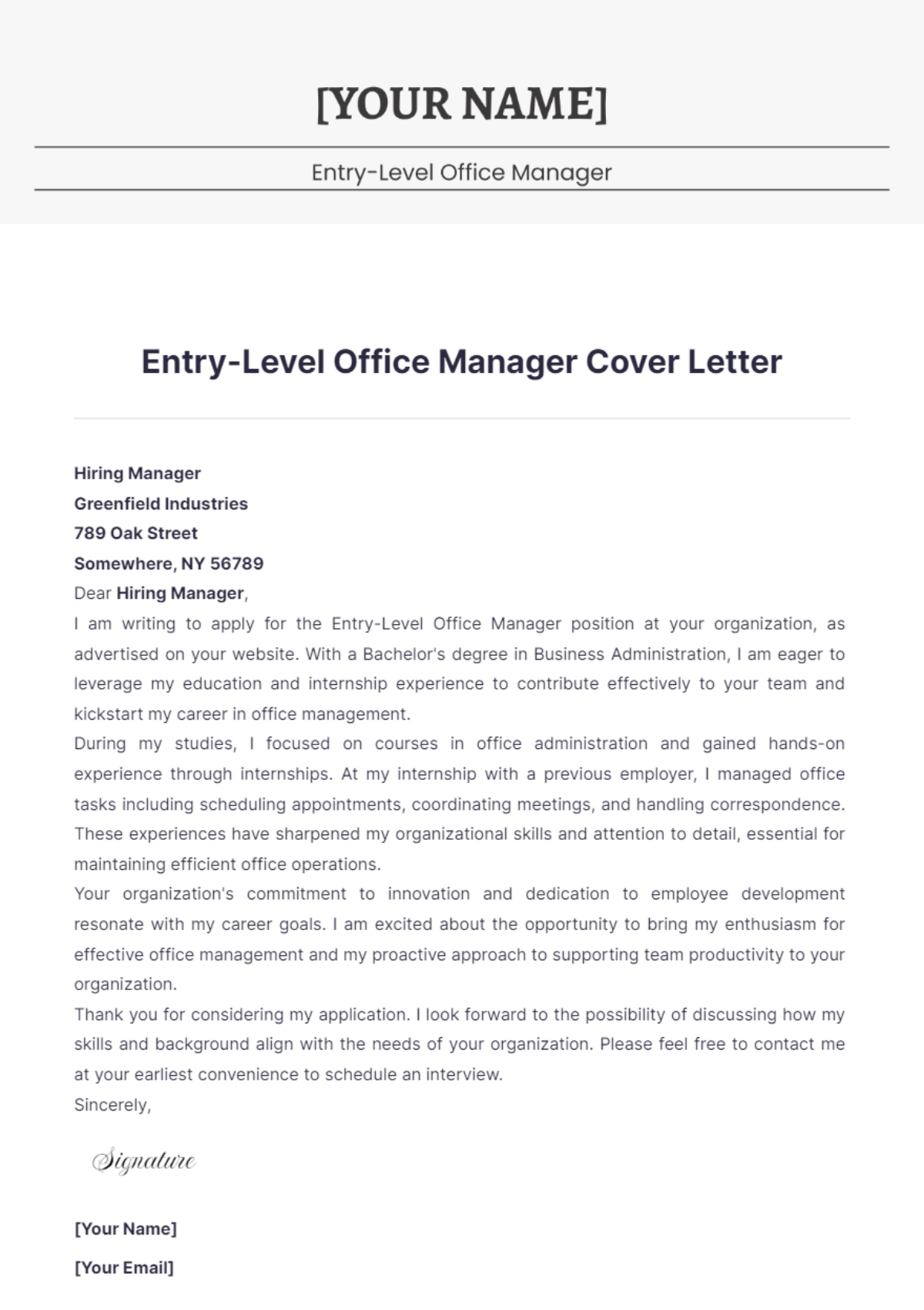 Entry-Level Office Manager Cover Letter