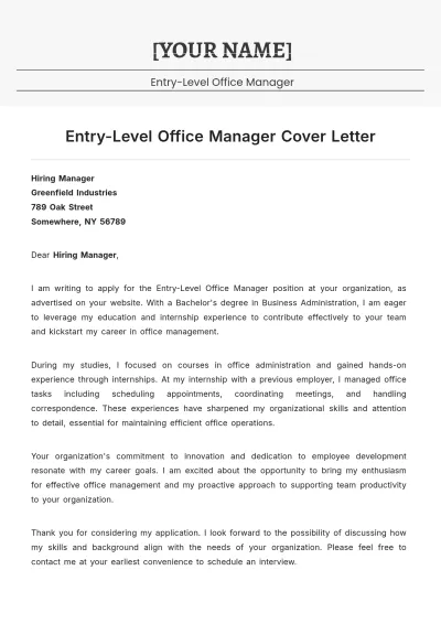 Free Entry-Level Office Manager Cover Letter to Edit Online