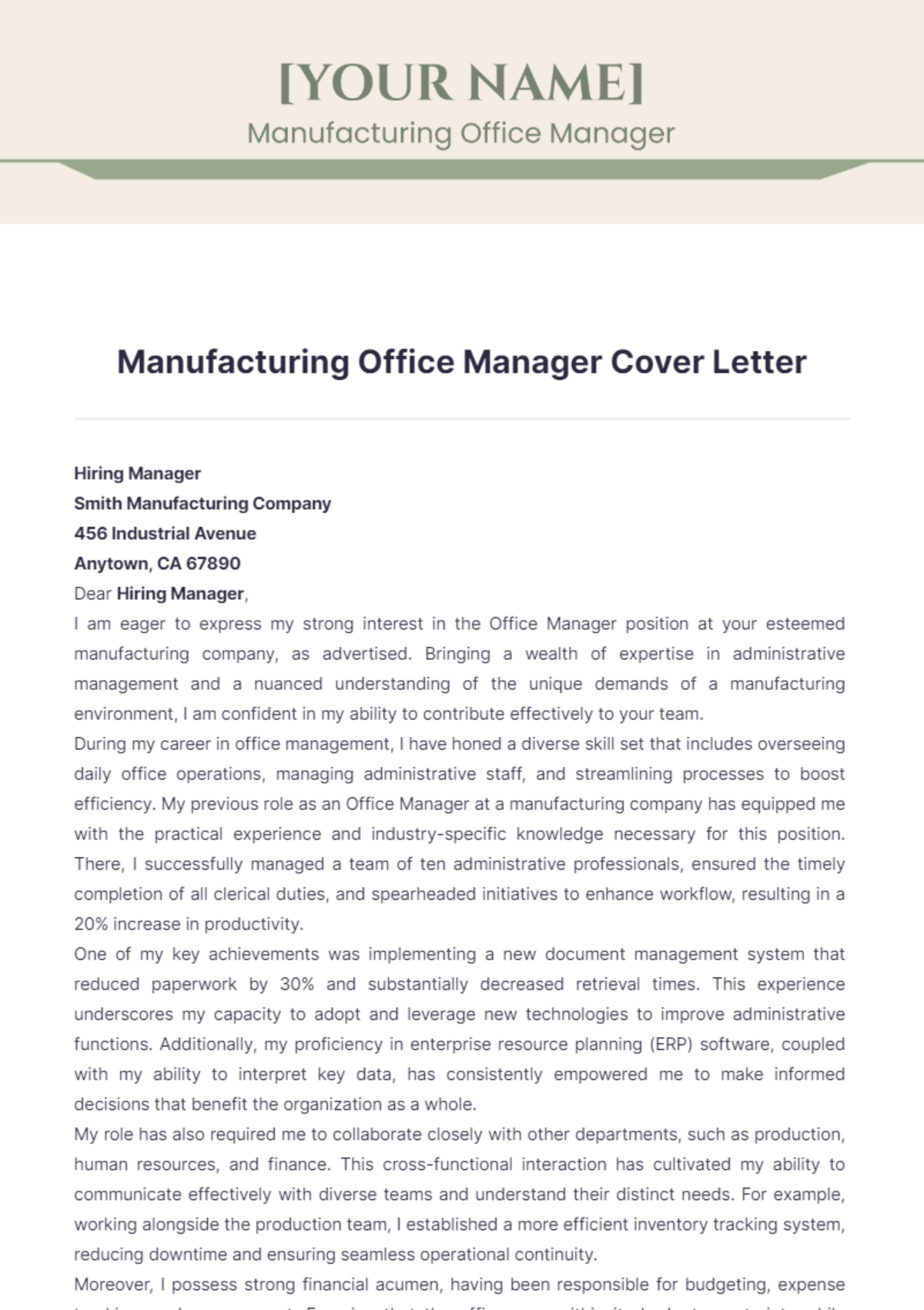 Manufacturing Office Manager Cover Letter