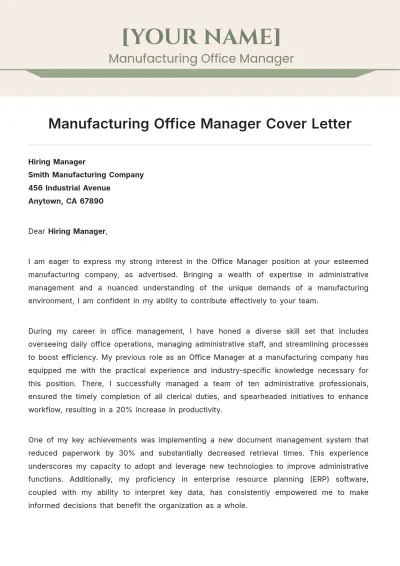 Free Manufacturing Office Manager Cover Letter to Edit Online