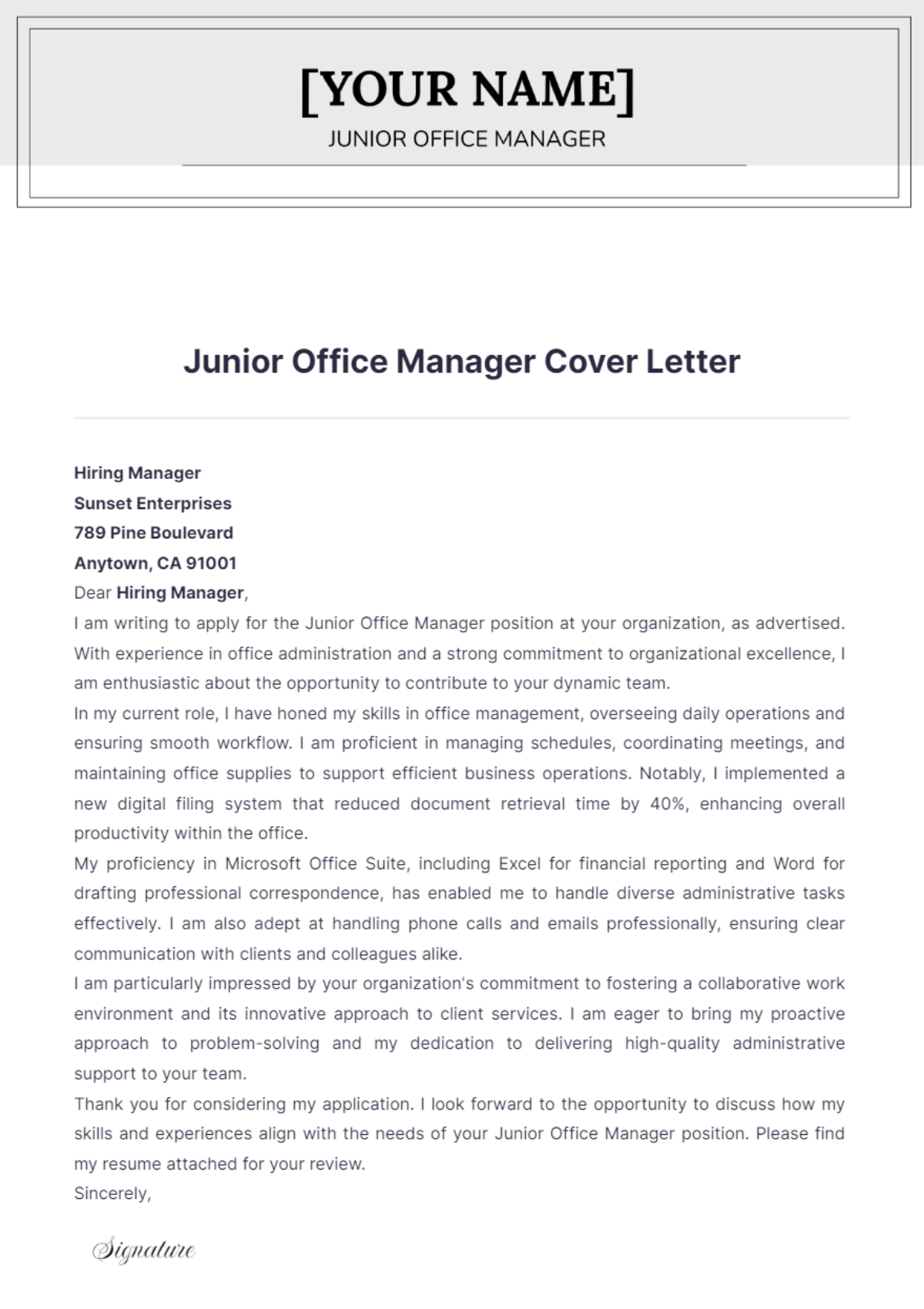 Junior Office Manager Cover Letter