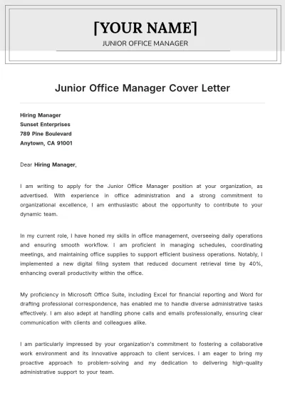 Free Junior Office Manager Cover Letter to Edit Online