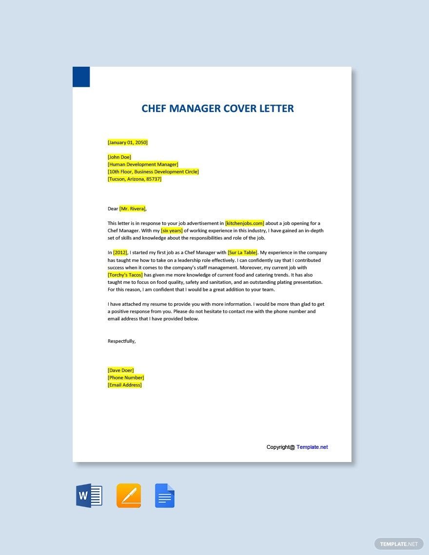 Chef Manager Cover Letter