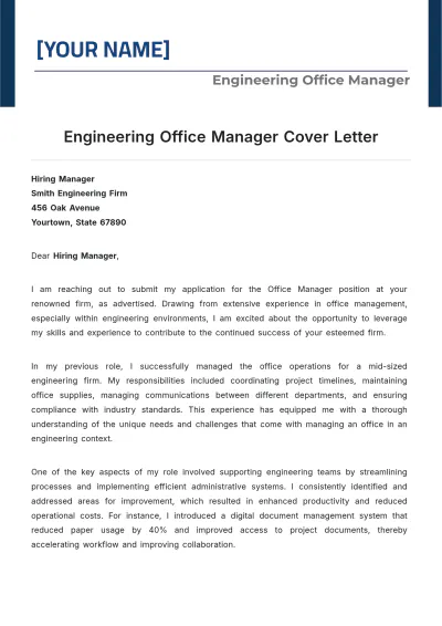 Free Engineering Office Manager Cover Letter to Edit Online