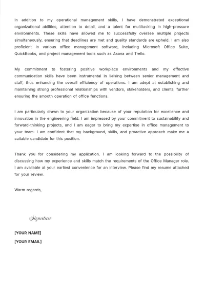 Free Engineering Office Manager Cover Letter to Edit Online