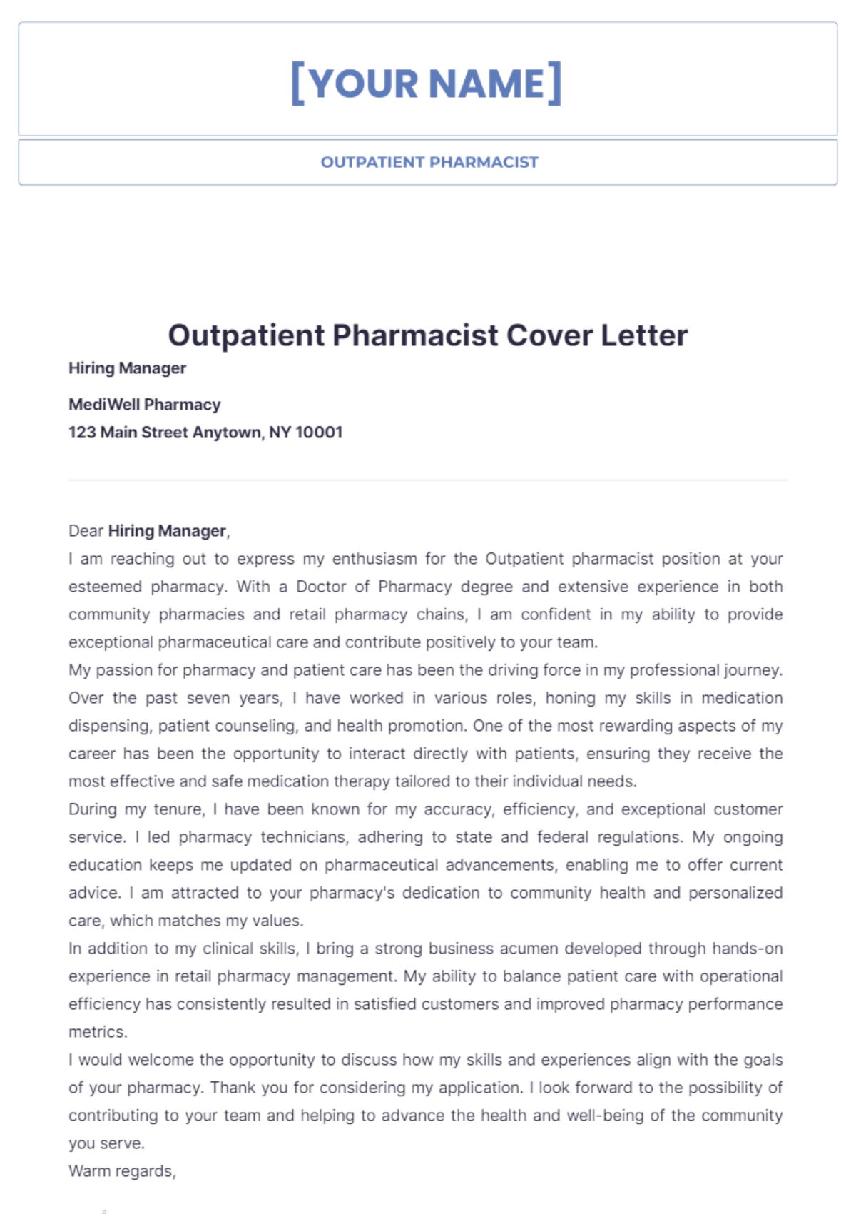 Outpatient Pharmacist Cover Letter