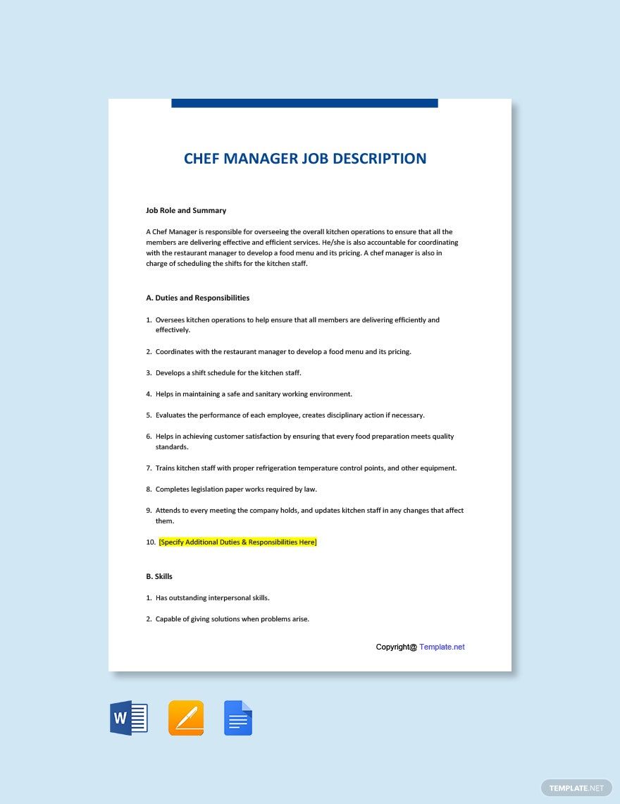 Chef Manager Job Ad and Description Template