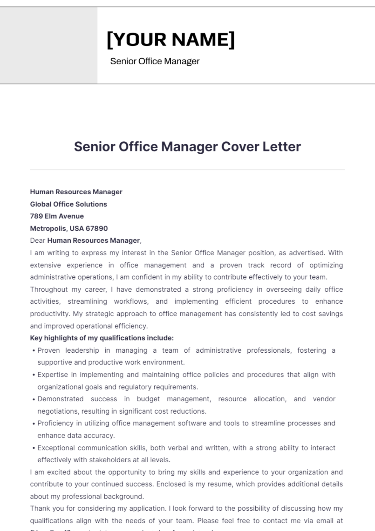 Senior Office Manager Cover Letter