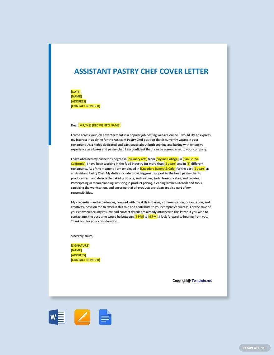 Assistant Pastry Chef Cover Letter