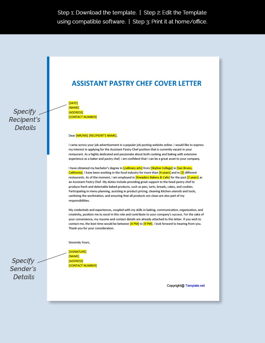 Assistant Pastry Chef Cover Letter Template 1 