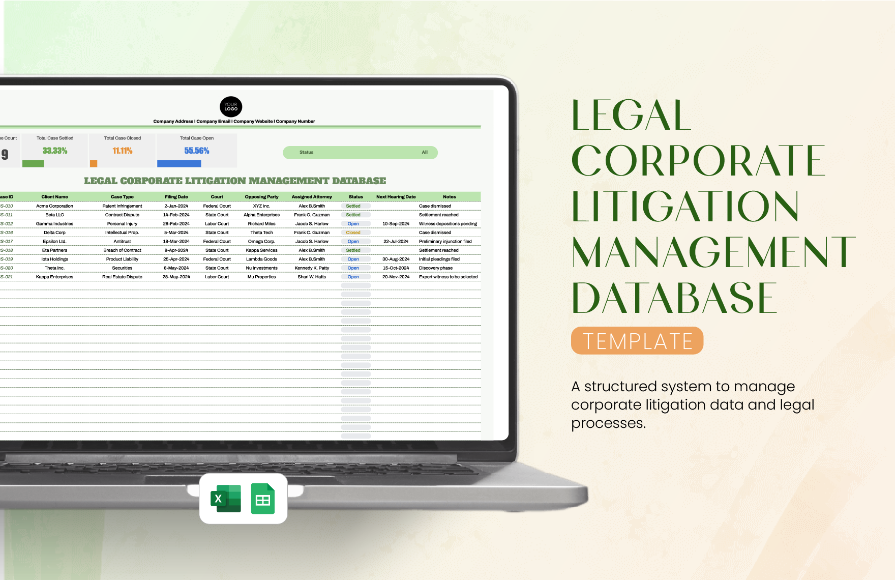 Legal Corporate Litigation Management Database Template in Excel, Google Sheets