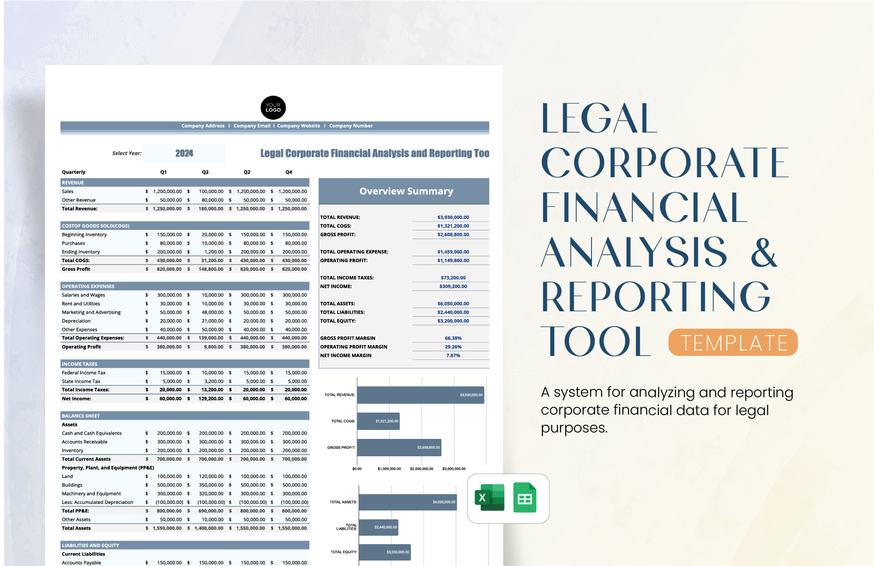 Legal Corporate Financial Analysis and Reporting Tool Template in Excel, Google Sheets