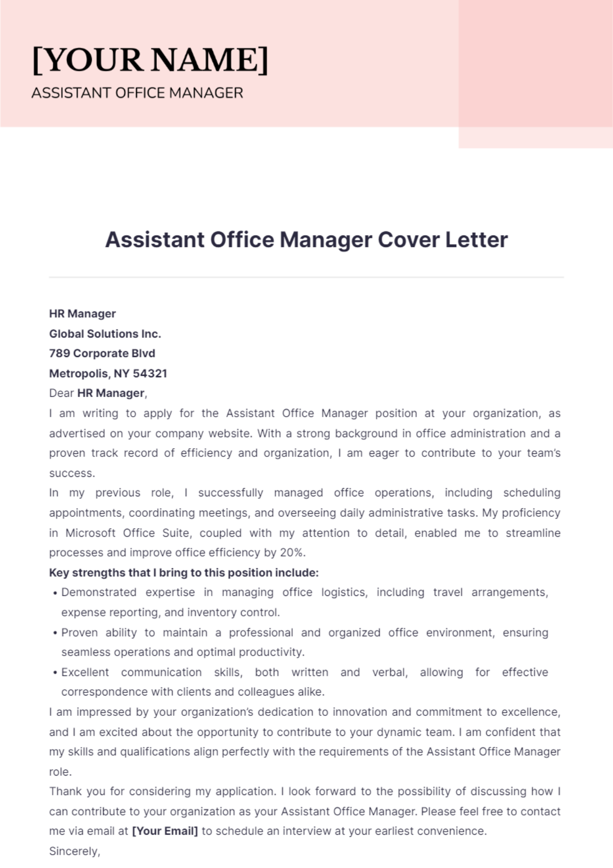 Assistant Office Manager Cover Letter