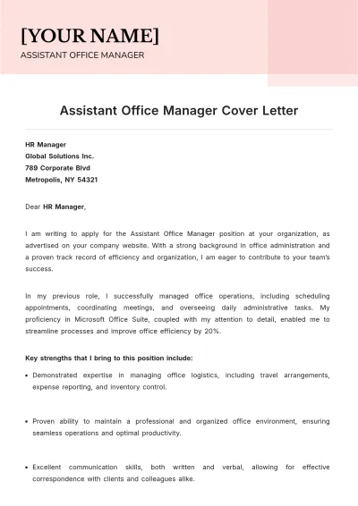Free Assistant Office Manager Cover Letter to Edit Online
