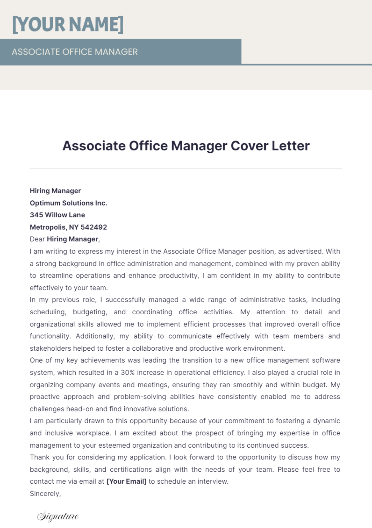 Associate Office Manager Cover Letter