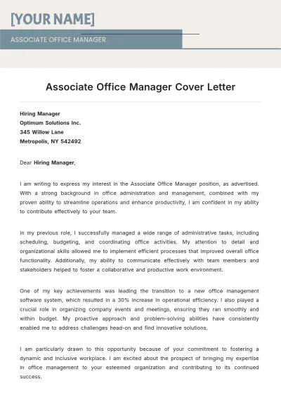 Free Associate Office Manager Cover Letter to Edit Online