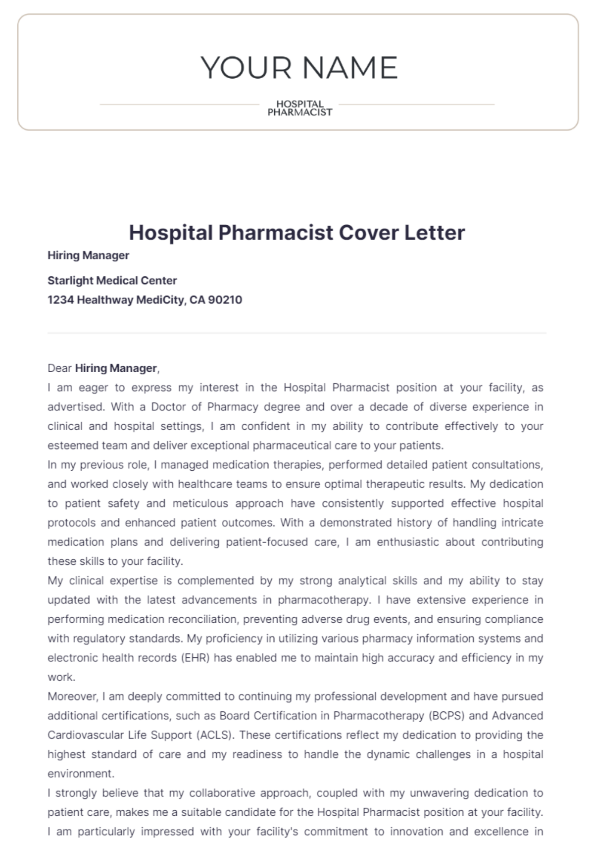 Hospital Pharmacist Cover Letter